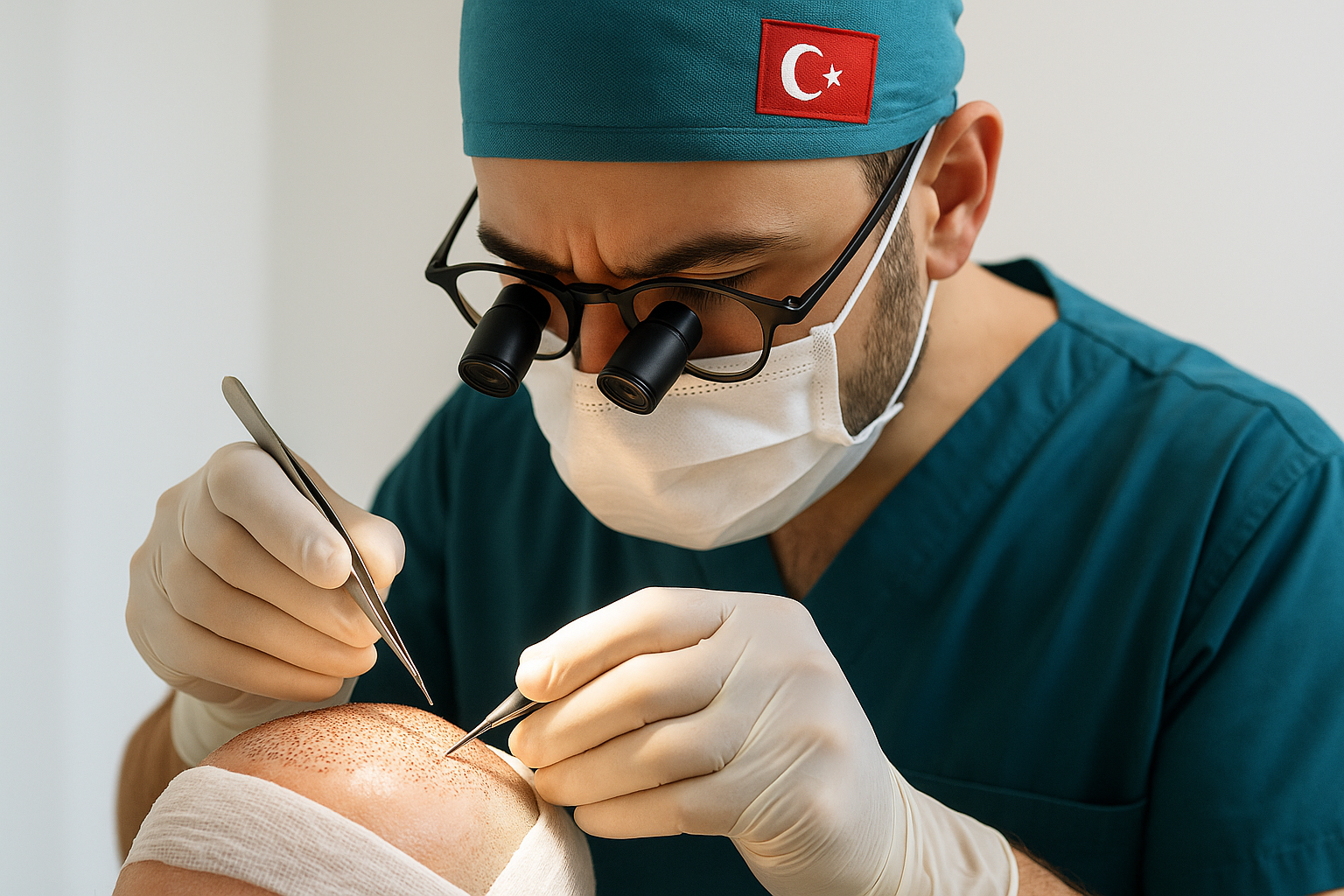 Medical professional conducting hair transplant surgery in a Turkish clinic with surgical tools visible on a clean white background.
