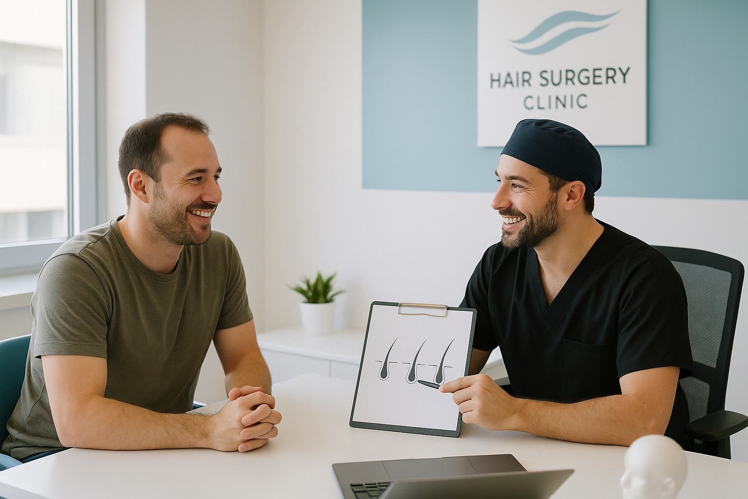 Patient and doctor smiling during hair surgery consultation in a modern Turkish clinic with bright natural lighting and clinical environment.