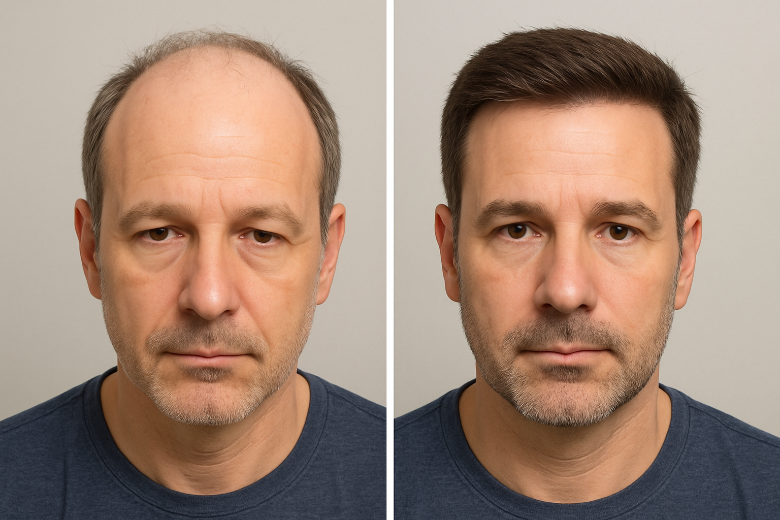 Before and after hair transplant comparison of male patient showing hair thinning and restored fuller hair