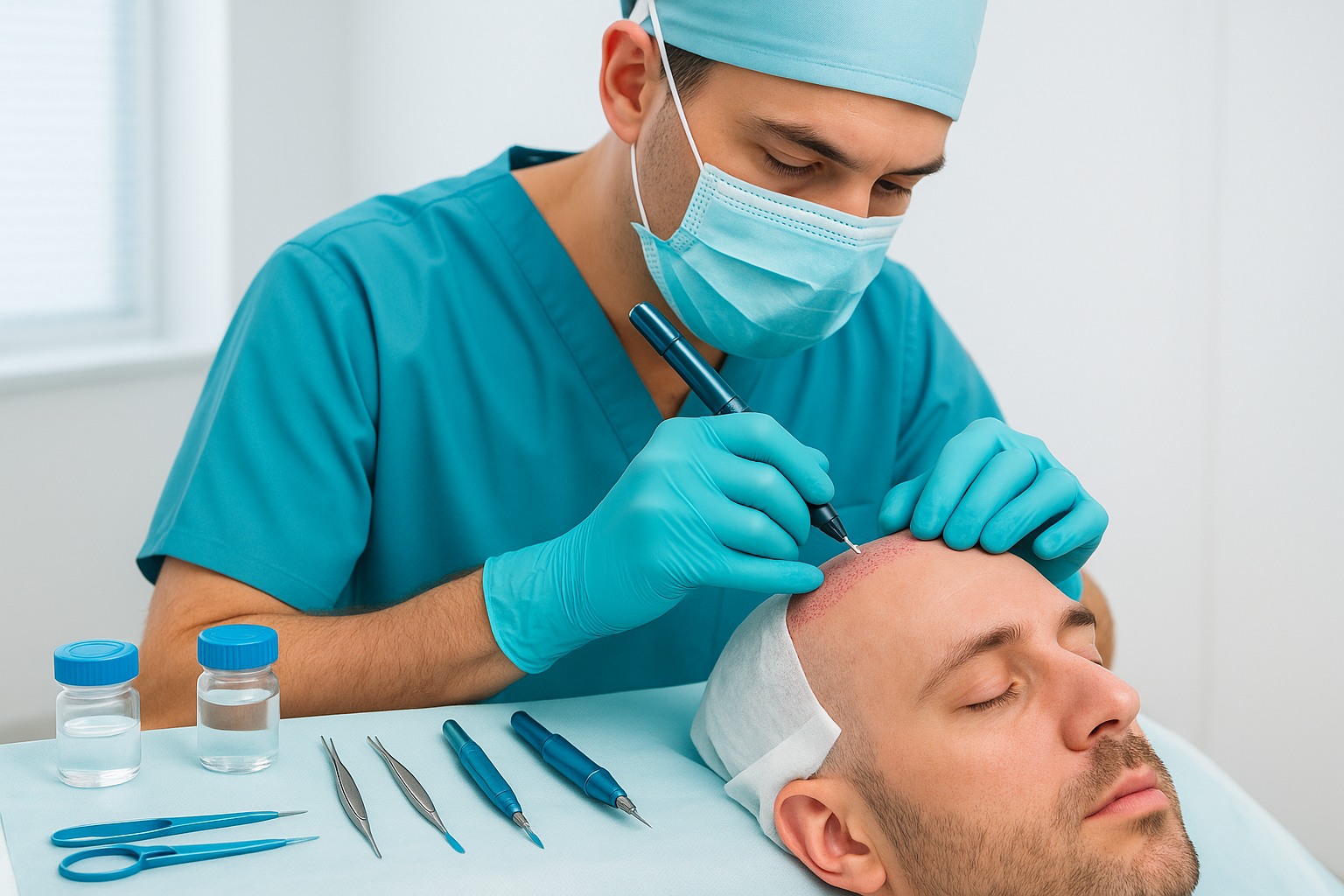 Close-up of hair transplant procedure using FUE technique in modern clinic setting with sapphire blades and implanter pens visible