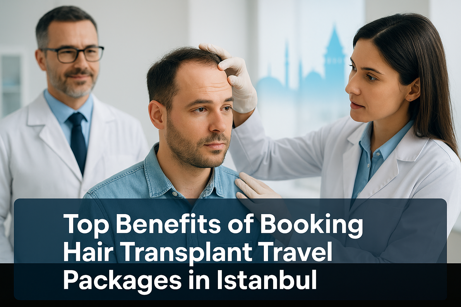 Professional hair transplant consultation scene with doctor and patient in modern clinic, overlay text highlighting hair transplant travel benefits in Istanbul