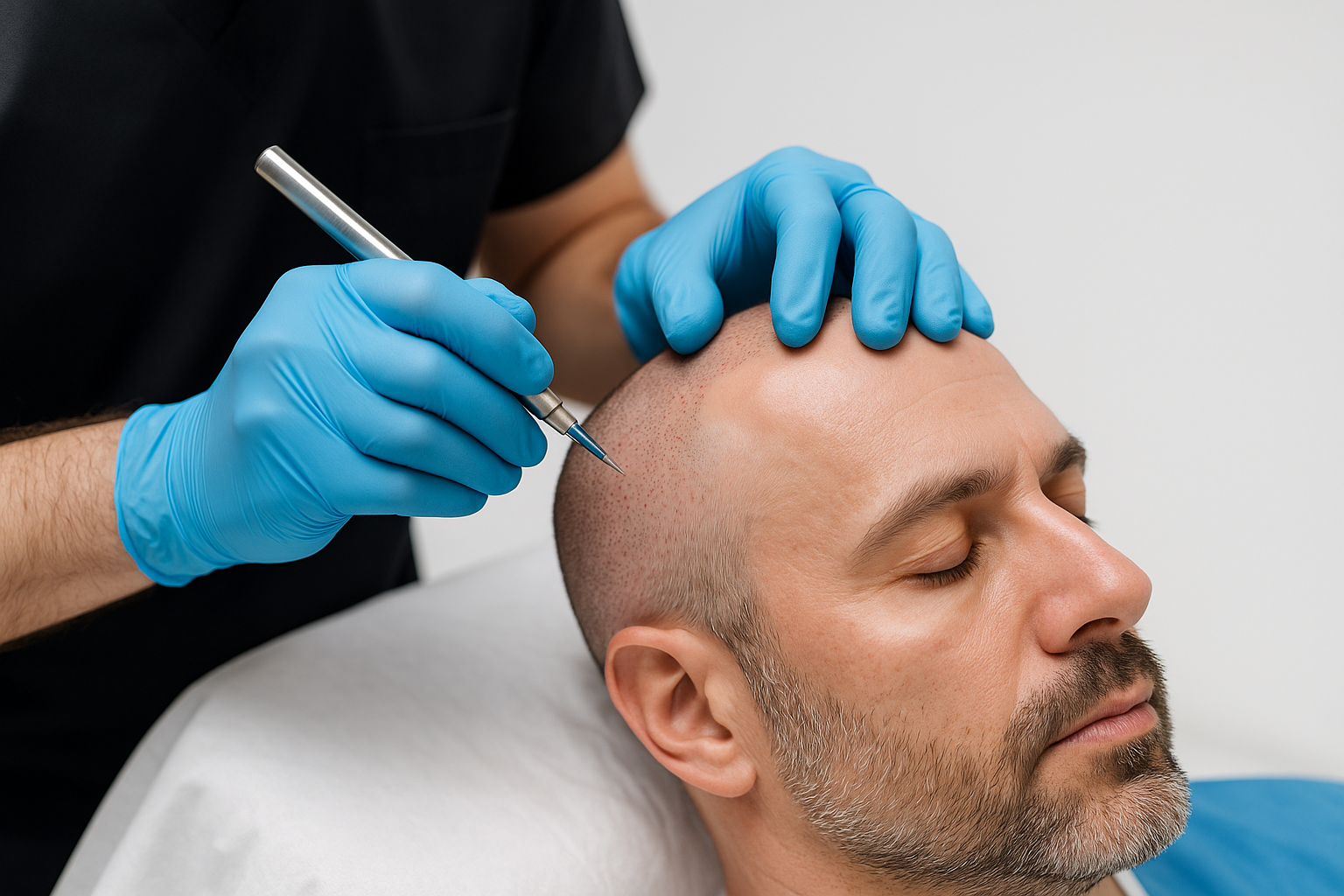 Detailed close-up of Sapphire FUE hair transplant procedure being performed on patient's scalp in clinical setting