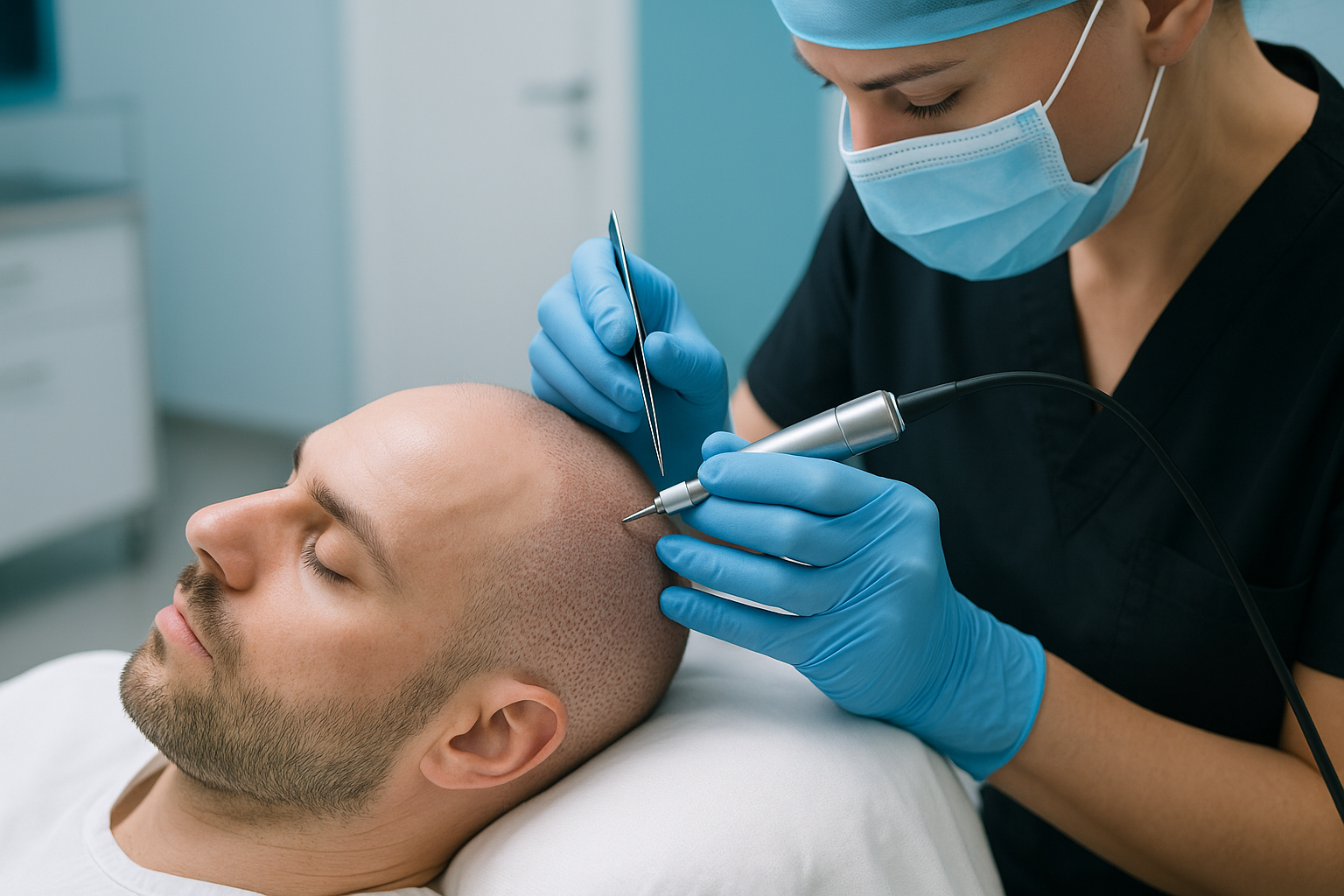 Close-up of traditional FUE hair transplant extraction process on male patient's scalp in clinical environment