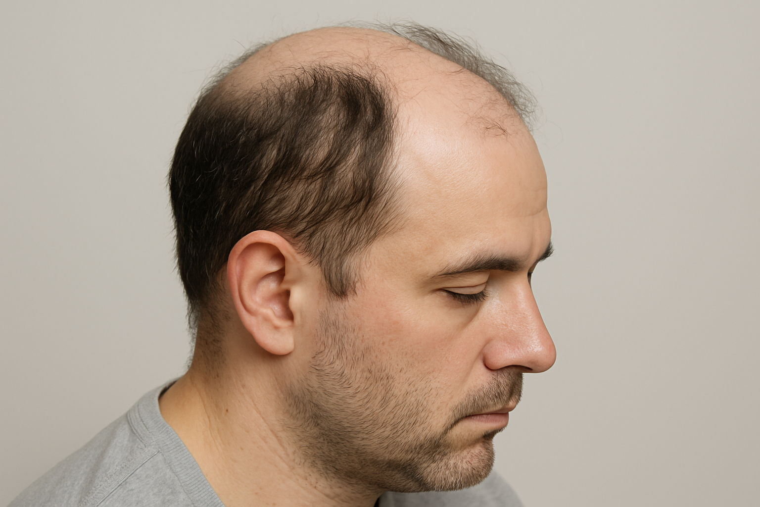 Close-up professional medical photo of male with visible hair thinning and bald spots before hair transplant