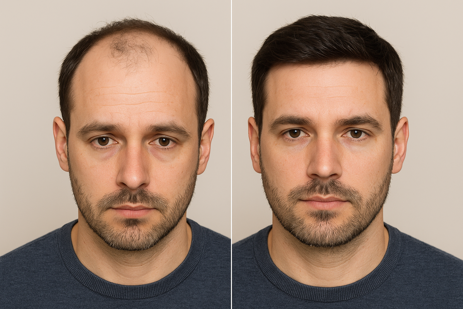 Before and after photo of male patient showing hair thinning and fuller hair after hair transplant treatment