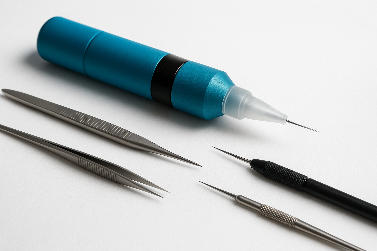 Close-up of hair transplant medical instruments including Choi Implanter Pen and micro-punch tools in sterile setting