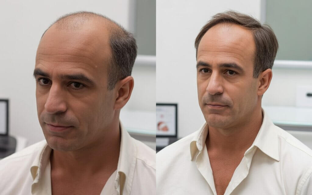 Man showing before and after results of cheap hair transplant in Istanbul