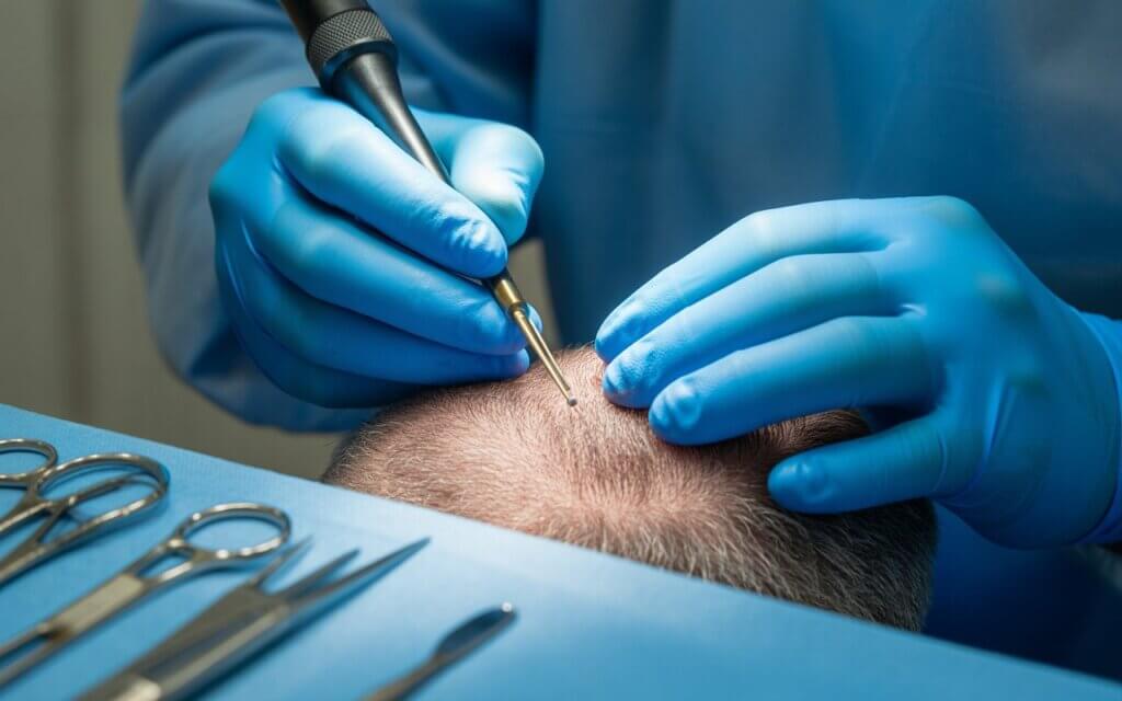 Close-up of hair transplant surgeon using FUE or DHI implantation tools